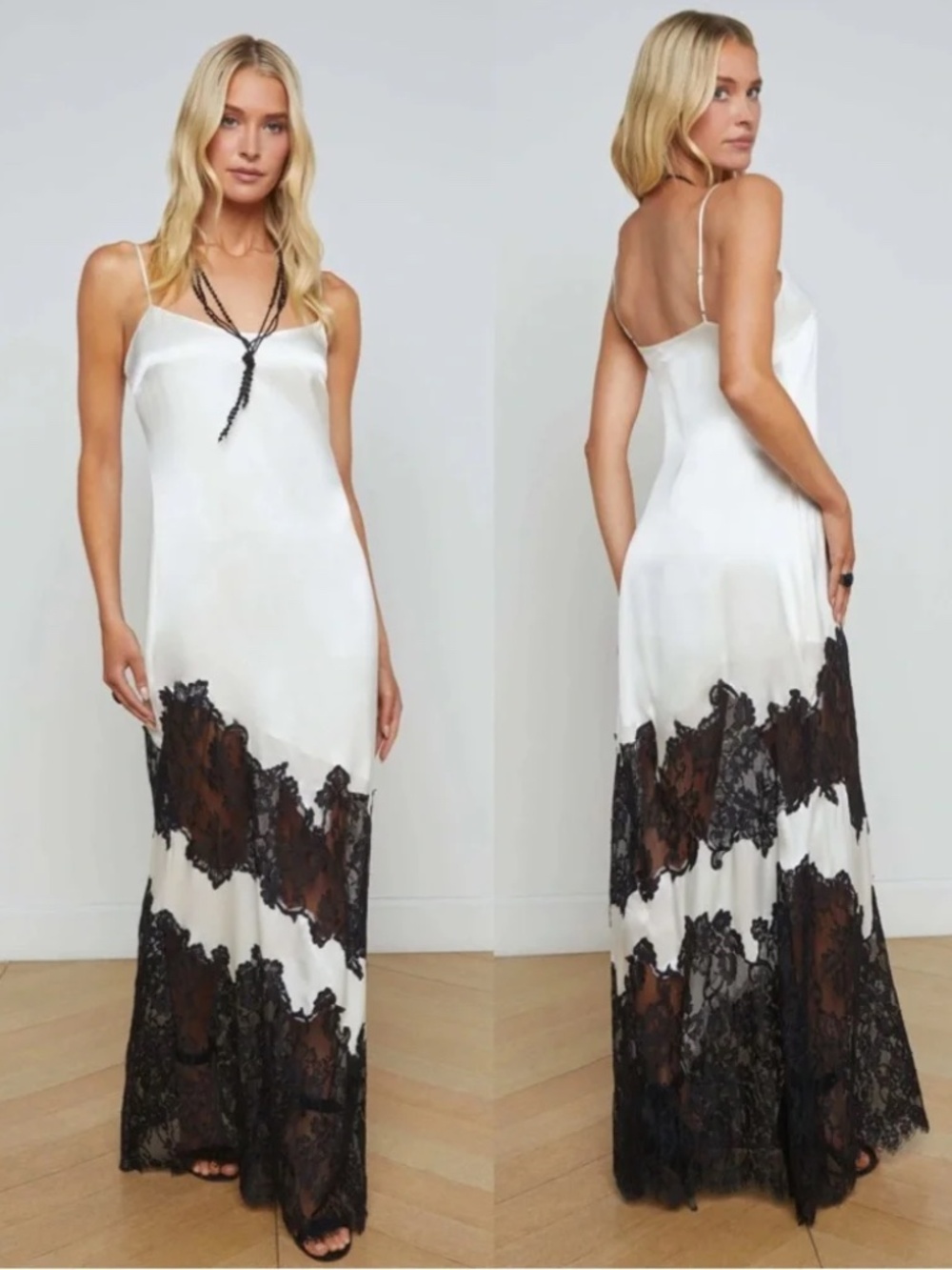 L'AGENCE Silvana Silk Lace Gown Maxi Dress Ivory Black US 6 NWT Scalloped Eyelas